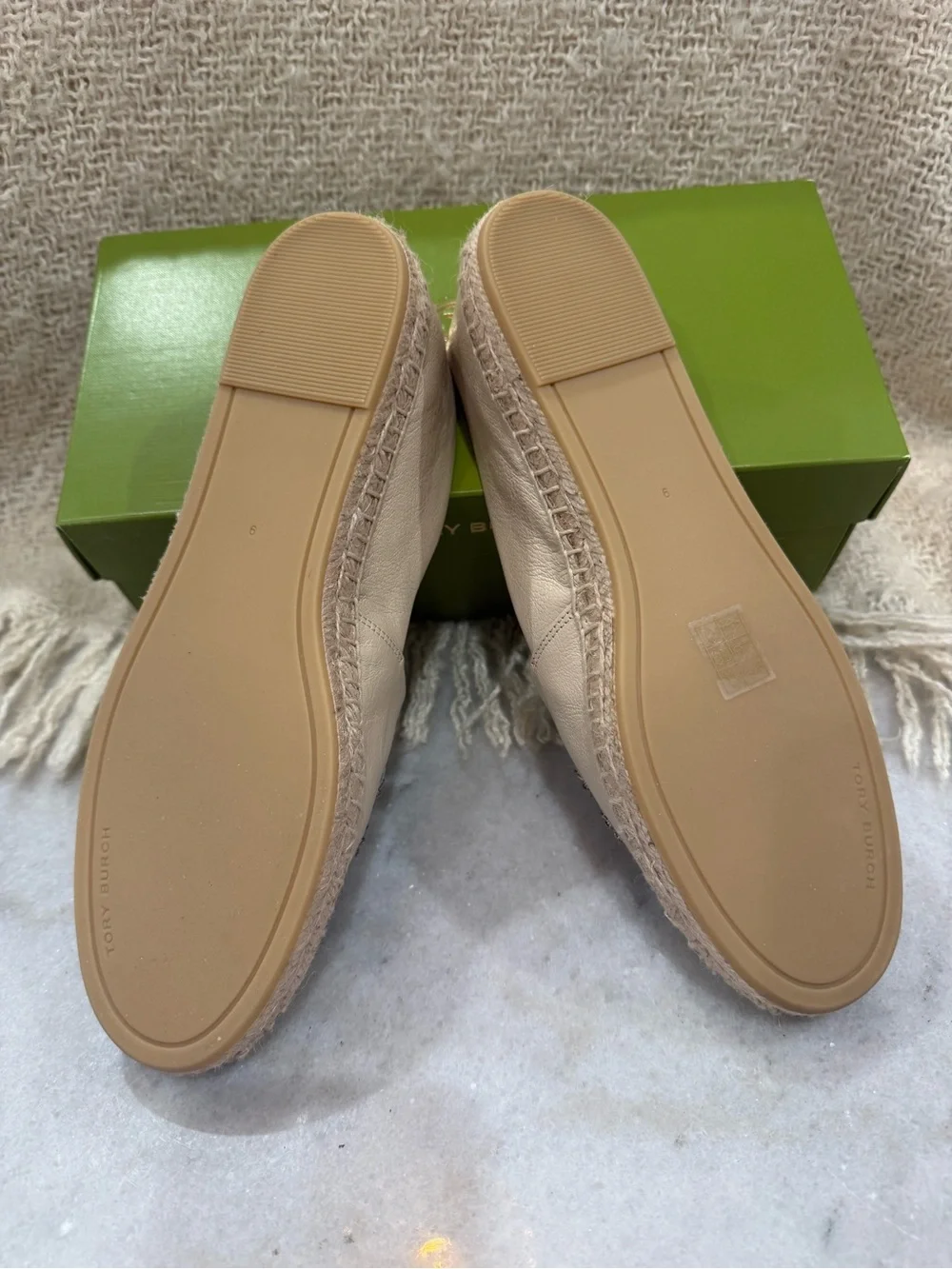 Tory Burch Ivory Embellished Leather Espadrille Flats NIB  Size 9